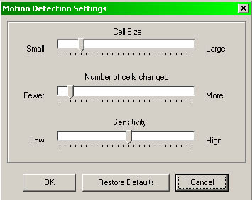 Motion Detection settings dialog allows flexible motion detection